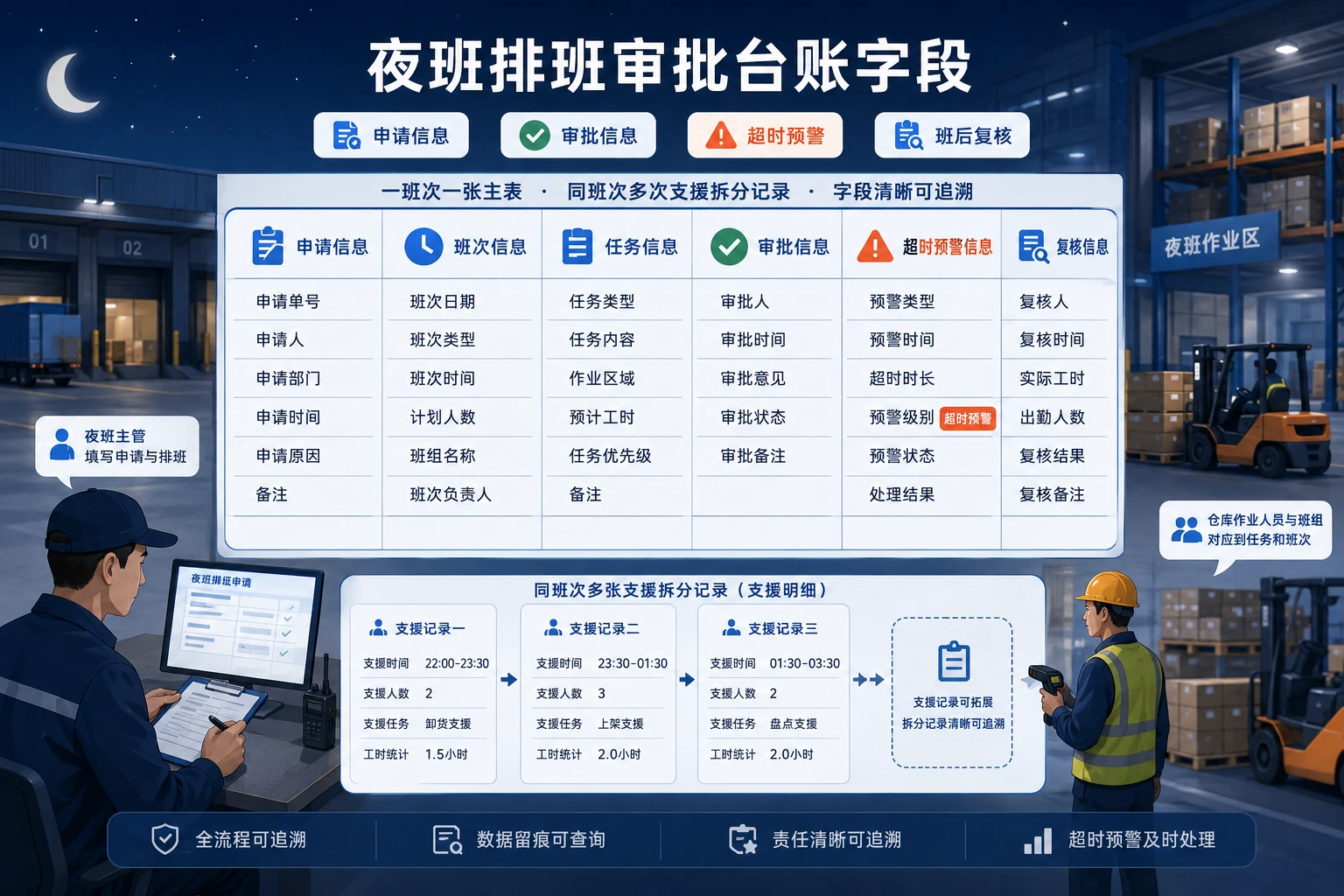 夜班排班审批与人力池调用台账模板怎么设计