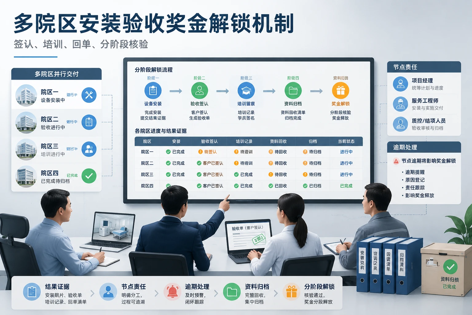 2026年多院区安装验收签认与资料回收奖金解锁机制设计