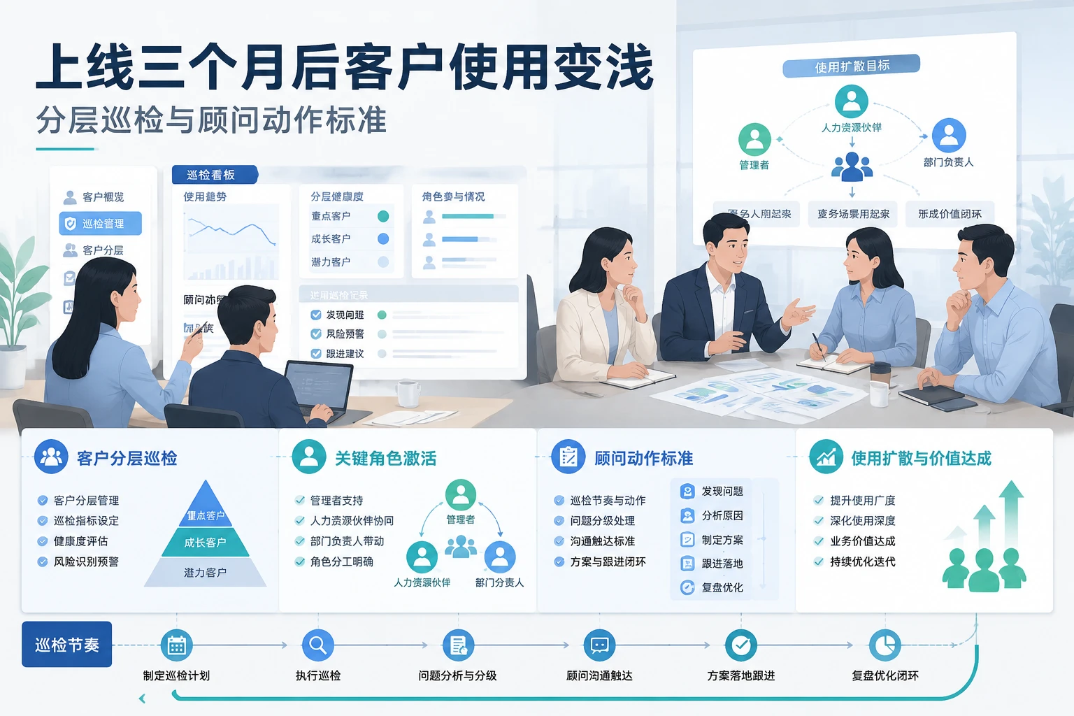 上线三个月后客户使用变浅，分层巡检与顾问动作标准如何建立