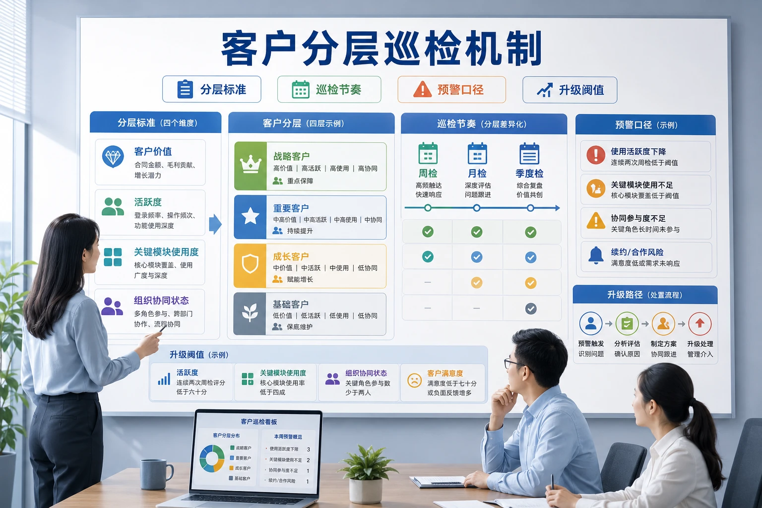 上线三个月后客户使用变浅，分层巡检与顾问动作标准如何建立