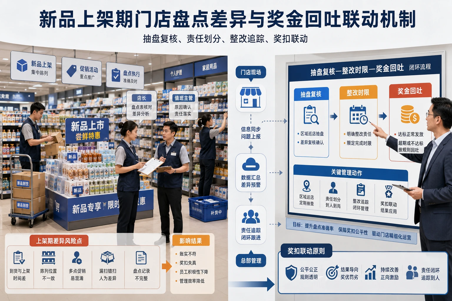 新品上架期门店盘点差异与奖金回吐联动机制