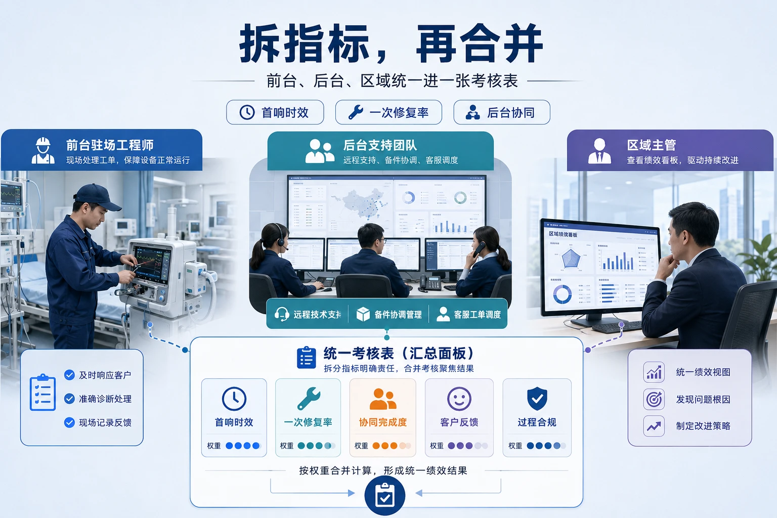 医疗器械驻场售后跨区域支援绩效考核表怎么搭