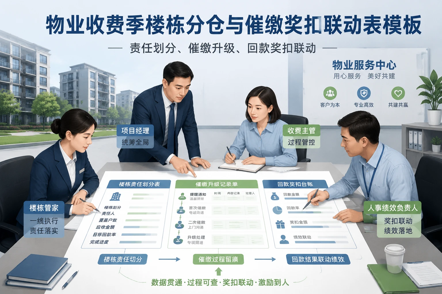 物业收费季楼栋分仓与催缴奖扣联动表模板