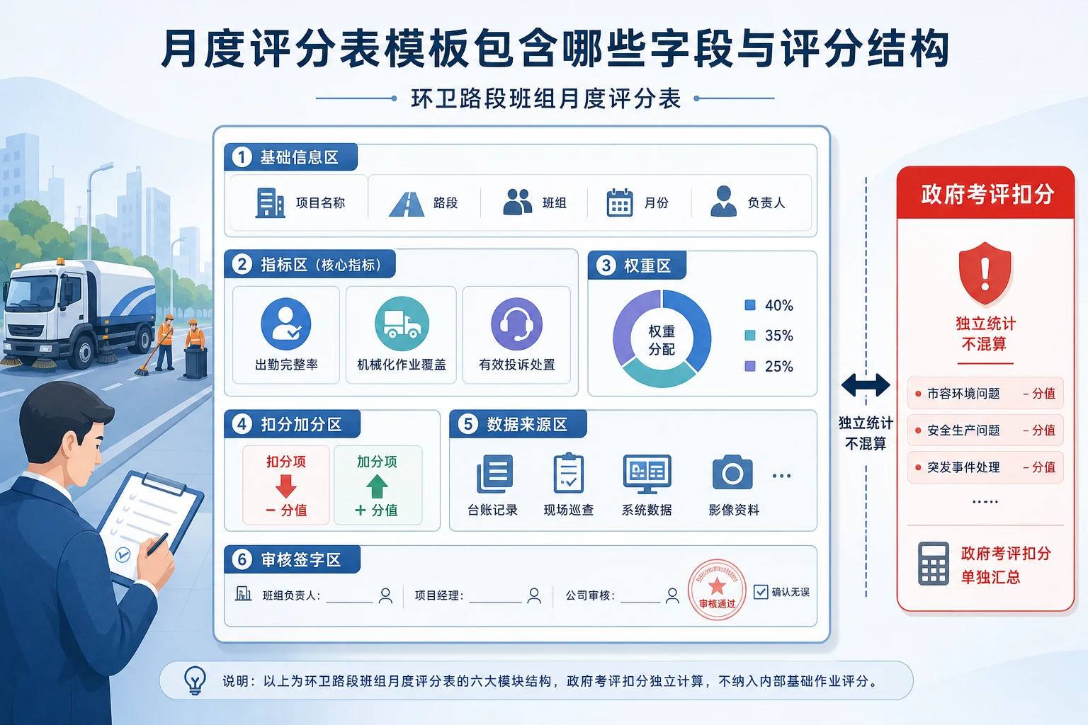 环卫路段班组月度评分表模板：出勤覆盖投诉联评（2026年版）