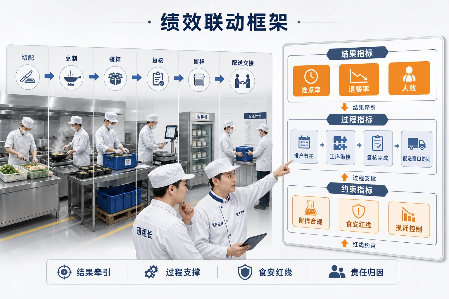 2026年中央厨房扩容后，生产主管考核如何联动准点率、退餐与人效