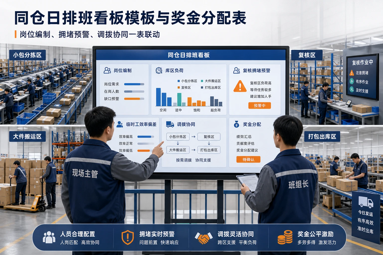 跨境小包大件同仓日排班看板模板与奖金分配表