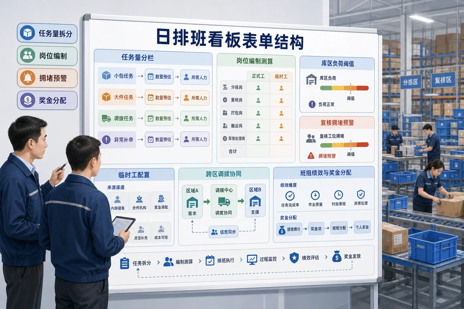 跨境小包大件同仓日排班看板模板与奖金分配表