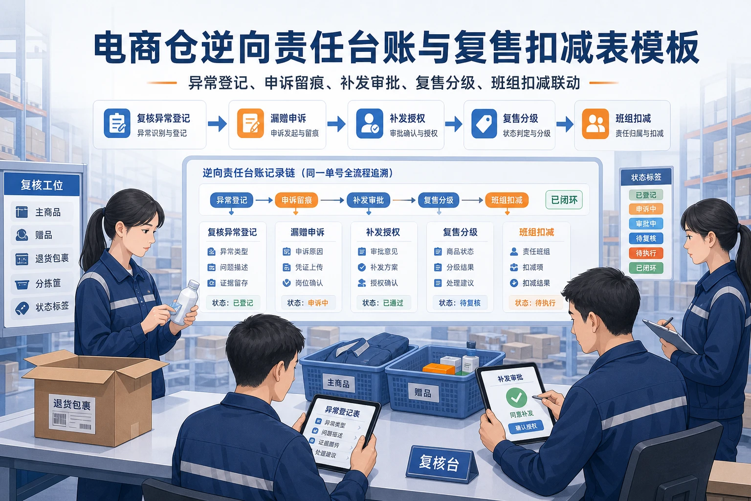电商仓逆向责任台账与复售扣减表模板