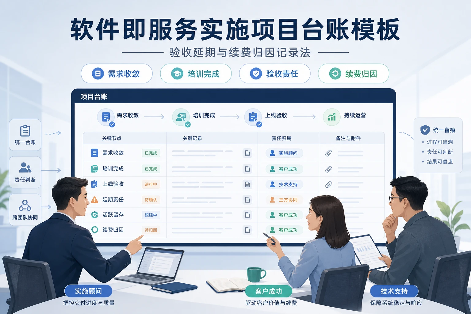 SaaS实施项目台账模板：验收延期与续费归因记录法
