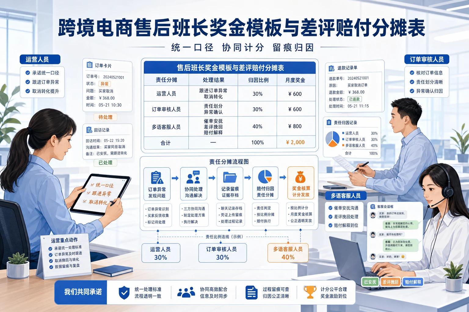 跨境电商售后班长奖金模板与差评赔付分摊表