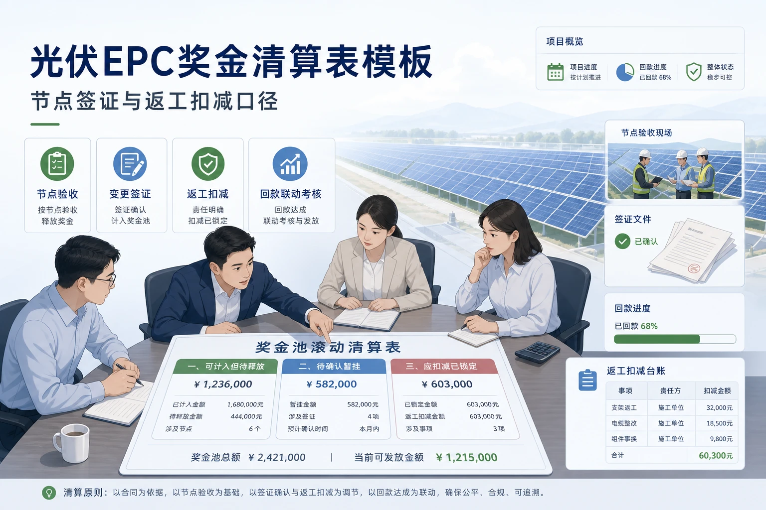 光伏EPC奖金清算表模板：节点签证与返工扣减口径（2026年版）