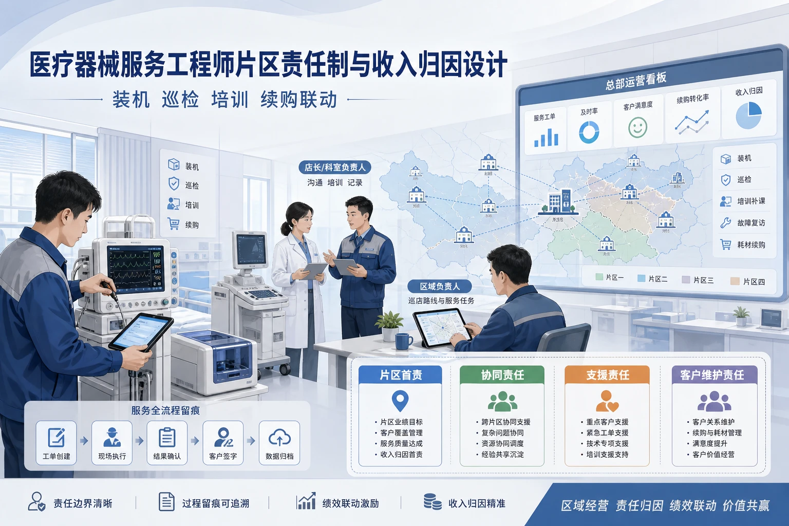 医疗器械服务工程师片区责任制与收入归因设计