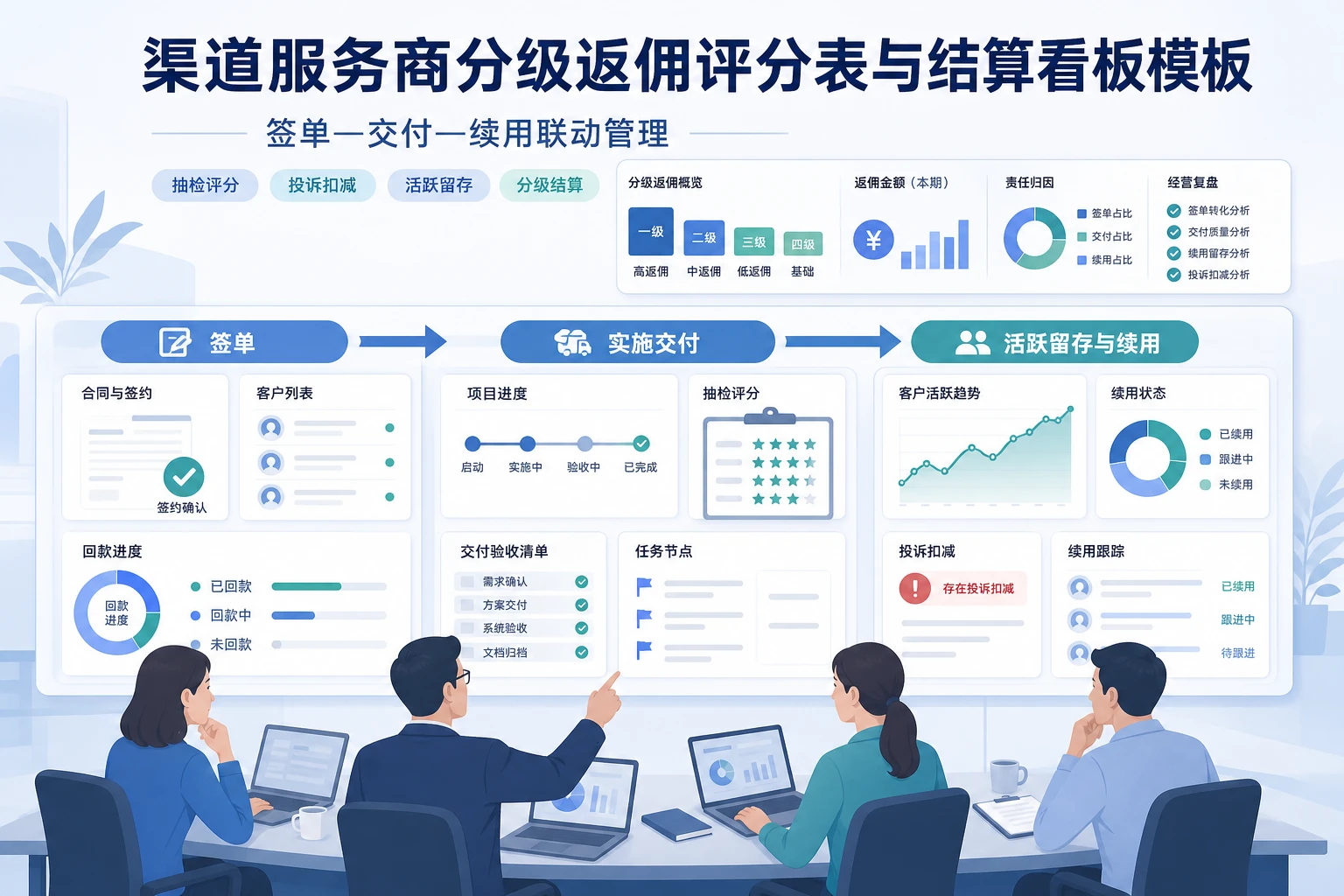 2026年渠道服务商分级返佣评分表与结算看板模板