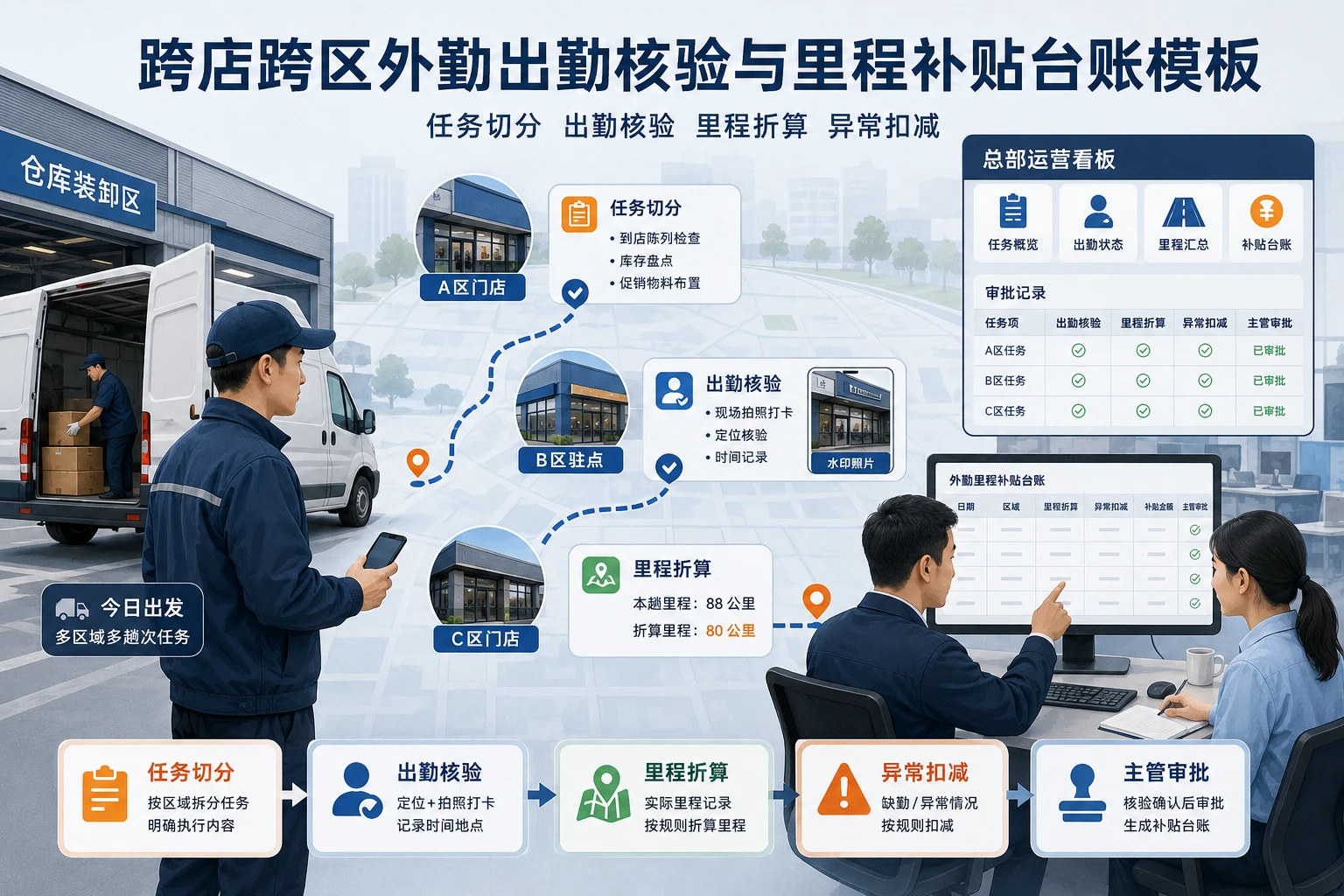 跨店跨区外勤出勤核验与里程补贴台账模板