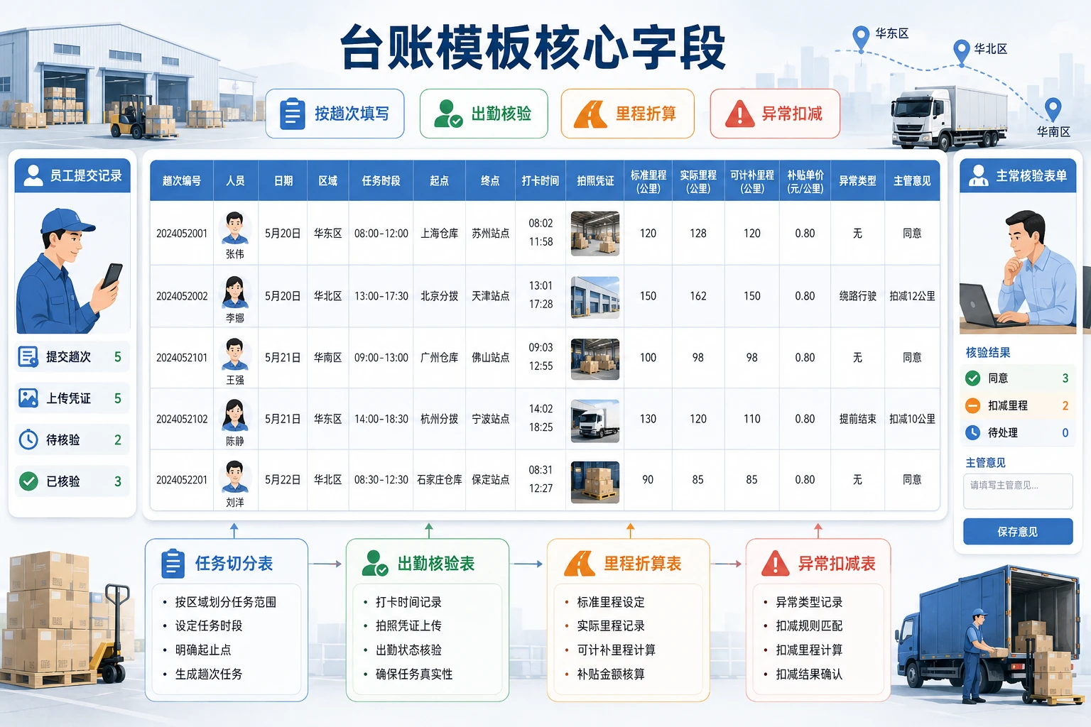 跨店跨区外勤出勤核验与里程补贴台账模板