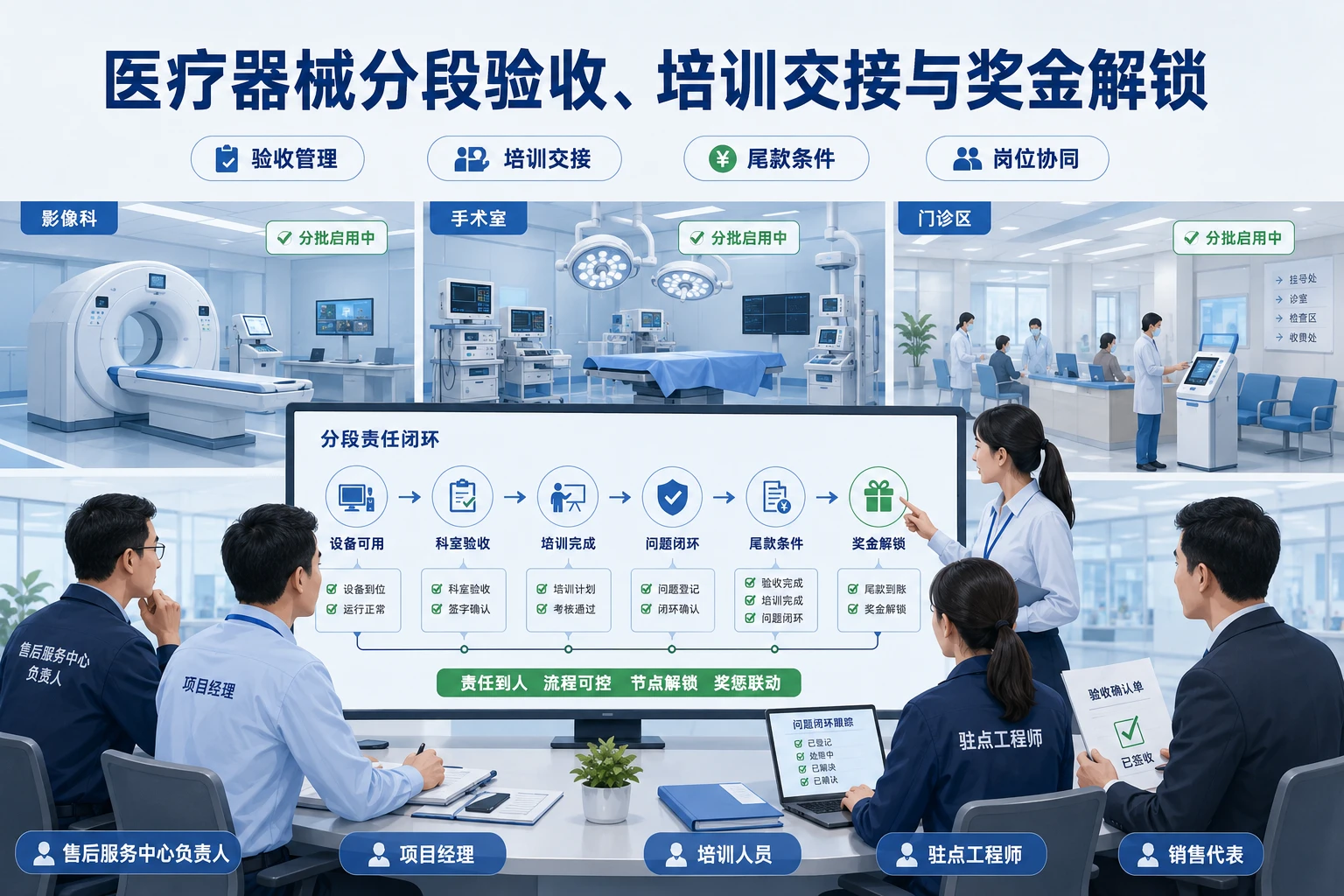 医疗器械分段验收、培训交接与奖金解锁机制设计