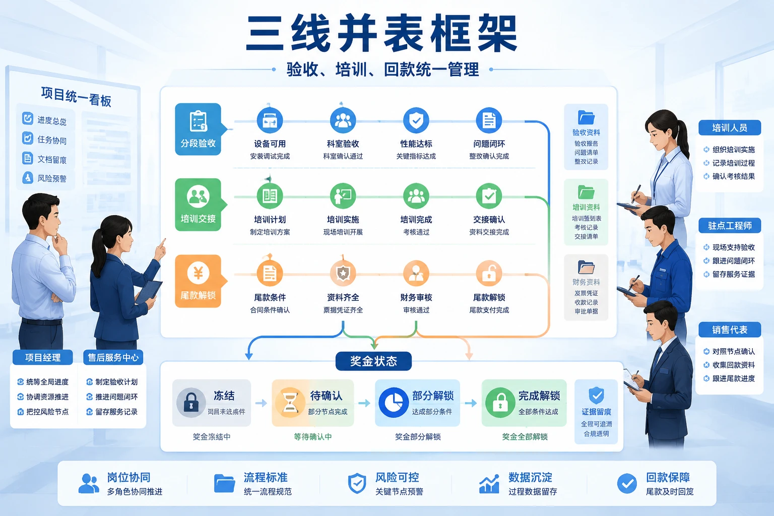 医疗器械分段验收、培训交接与奖金解锁机制设计