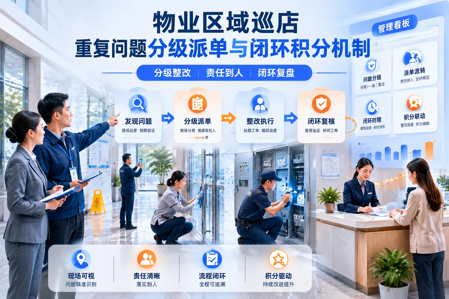 物业区域巡店重复问题分级派单与闭环积分机制