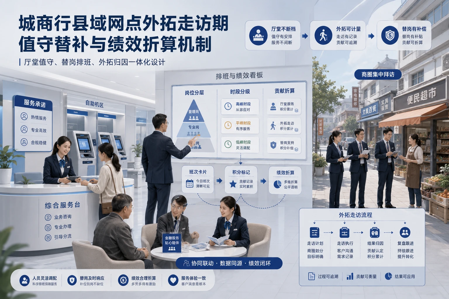 城商行县域网点外拓走访期值守替补与绩效折算机制