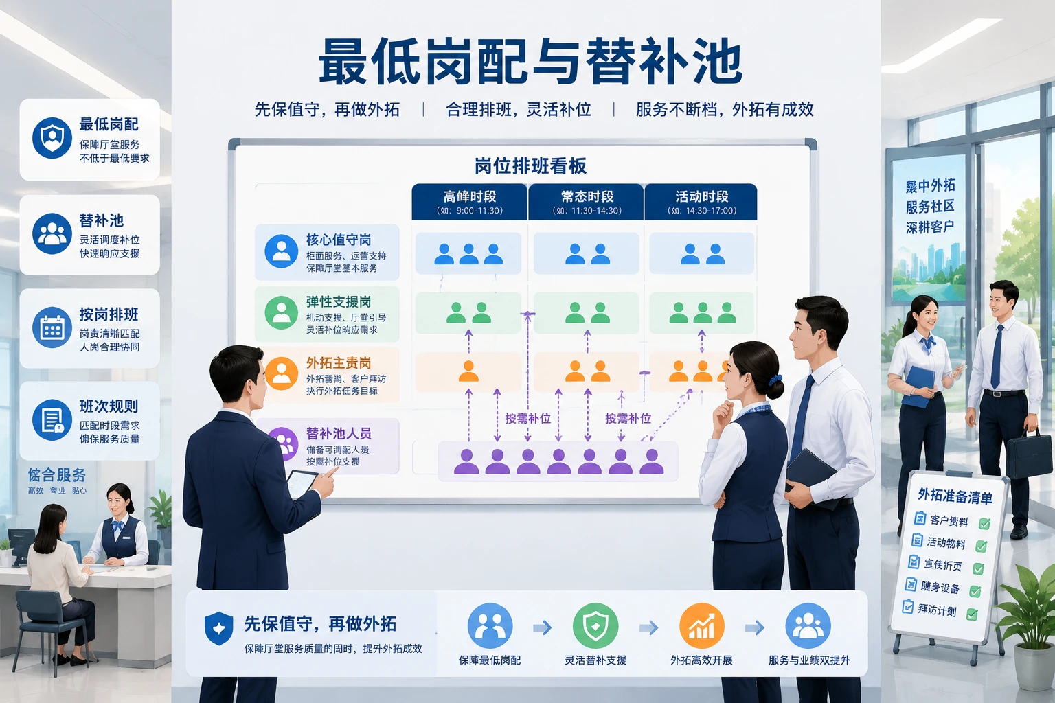 城商行县域网点外拓走访期值守替补与绩效折算机制