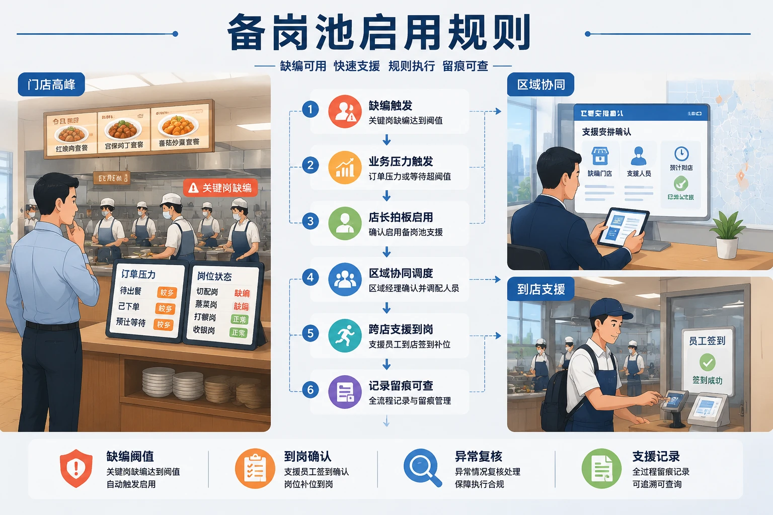 2026年团餐门店爆单缺编时的备岗池启用与半日责任联动机制