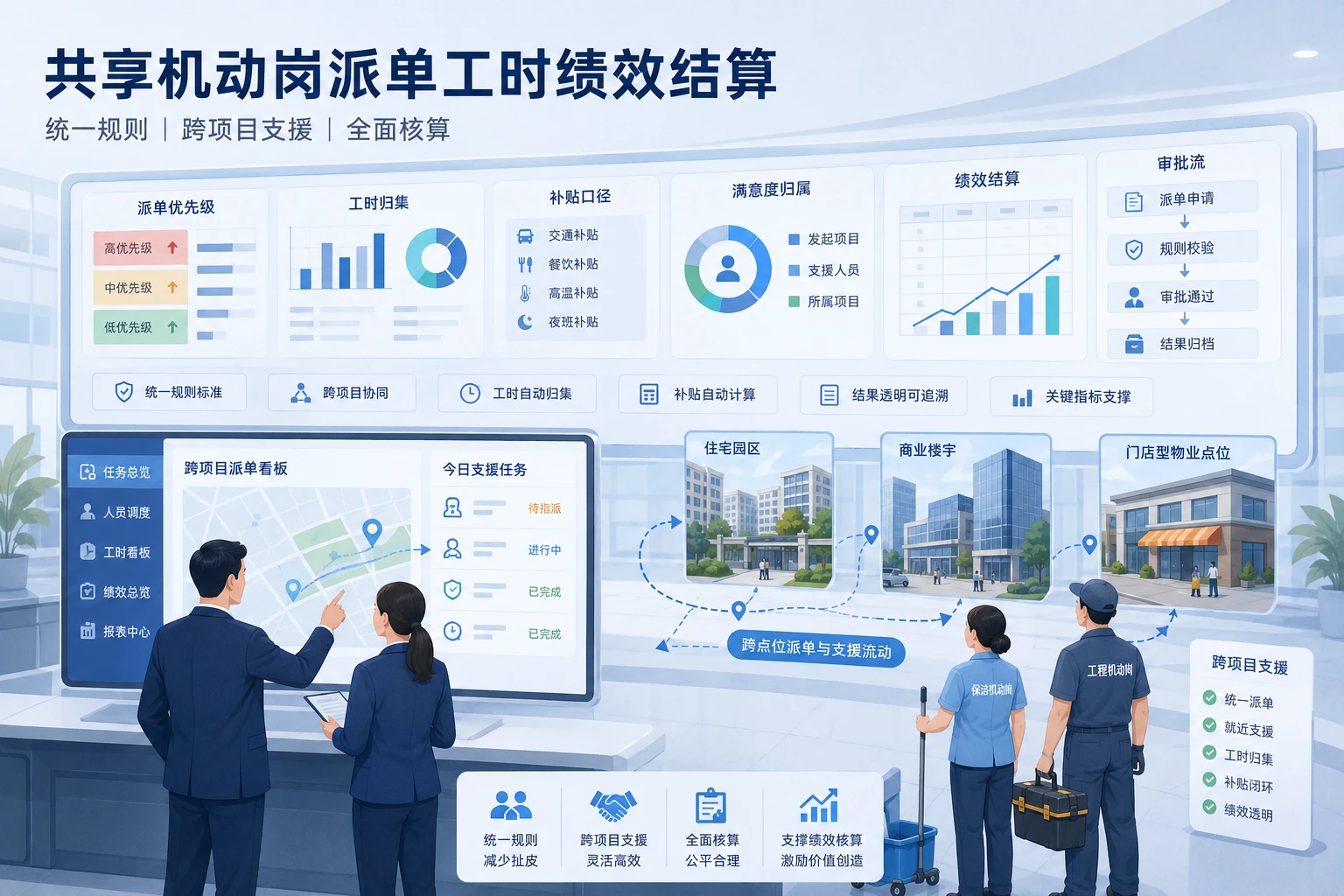 物业多项目共享机动岗派单工时绩效结算表模板