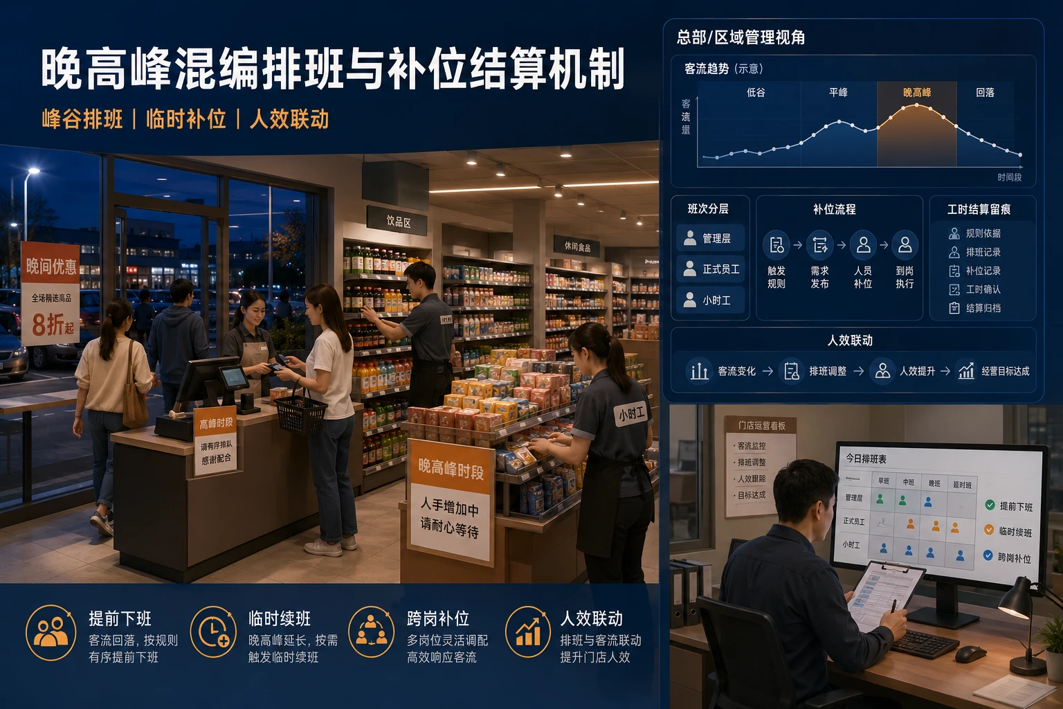 2026年连锁门店晚高峰波动下混编排班与补位结算机制