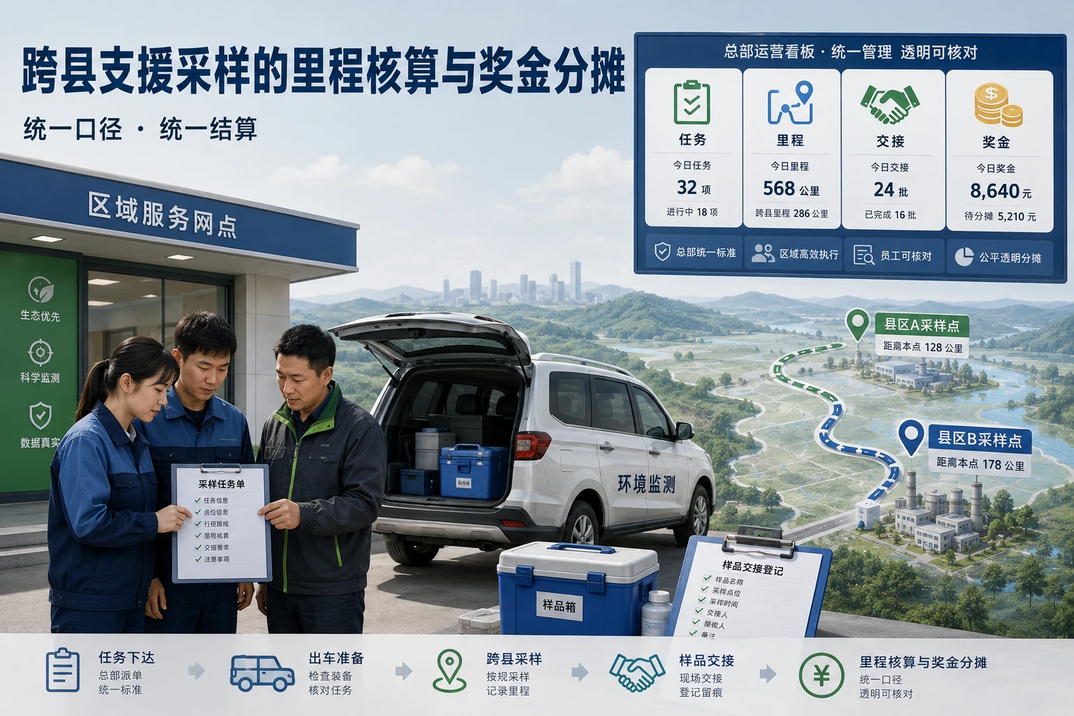 环保监测跨县支援采样的里程核算与奖金分摊机制设计