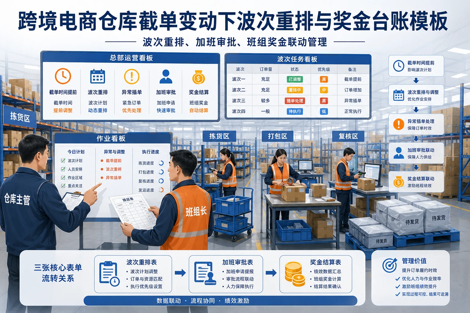 2026年跨境电商仓库截单变动下波次重排与奖金台账模板
