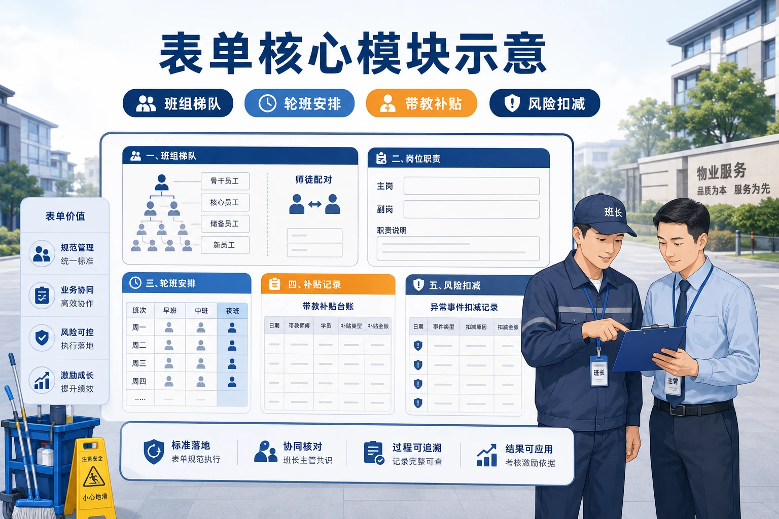 物业项目夜班承接困难的排班与带教记录表模板