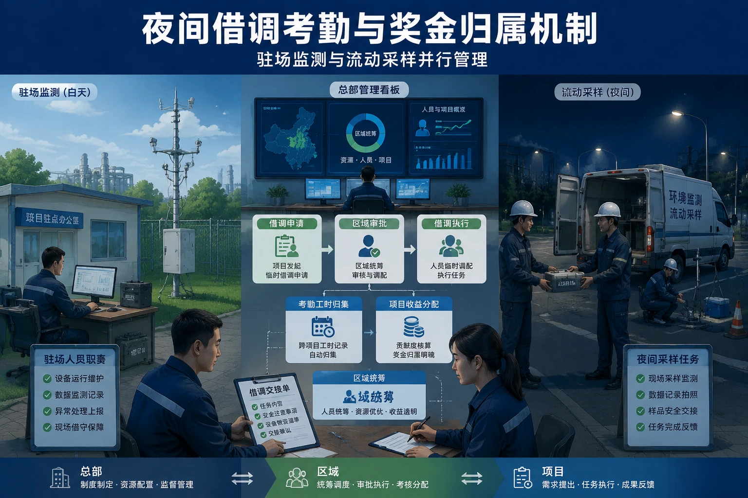 环保监测驻场与流动采样并行下的夜间借调考勤与奖金归属机制