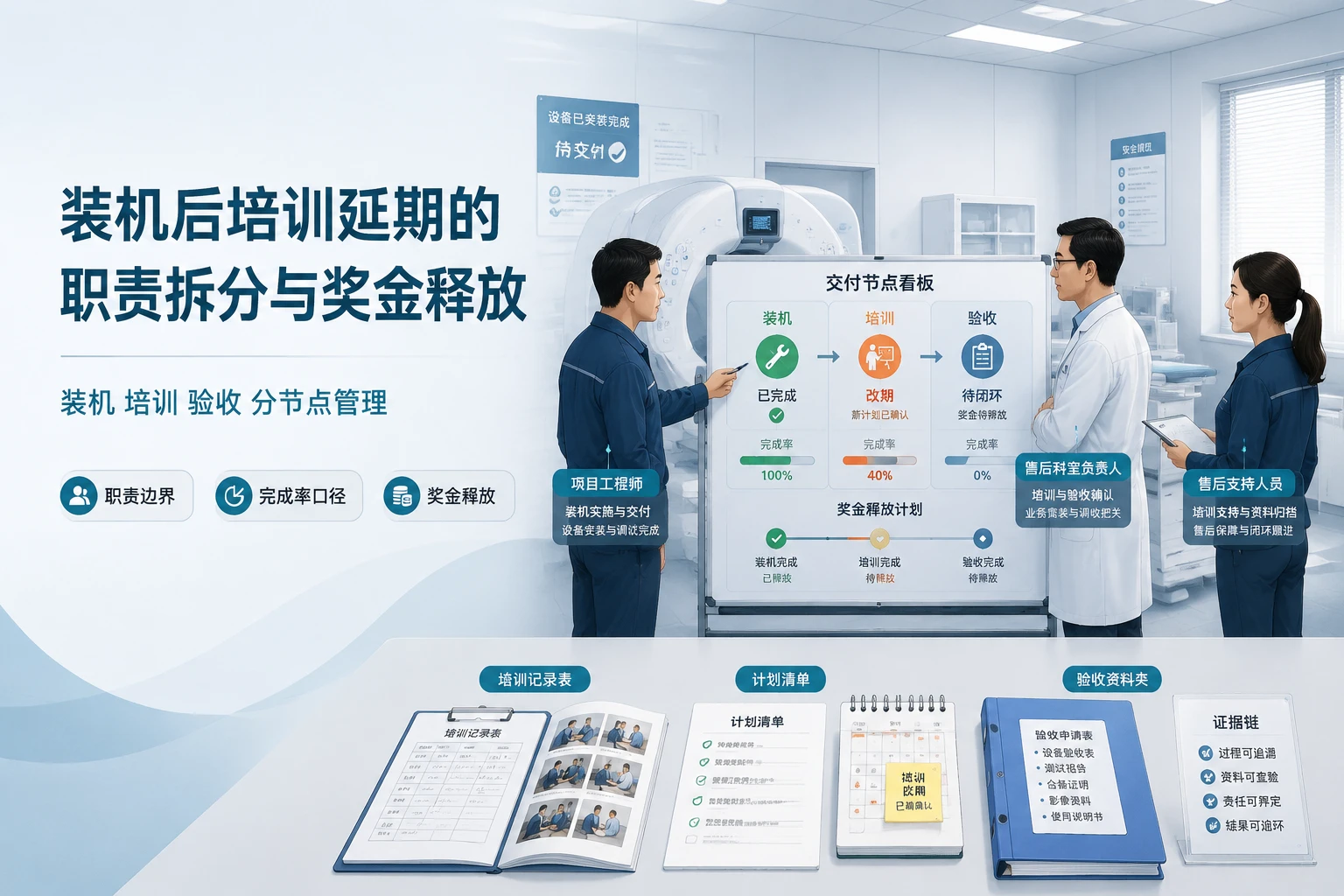 医疗器械装机后培训延期的职责拆分与验收奖金释放机制