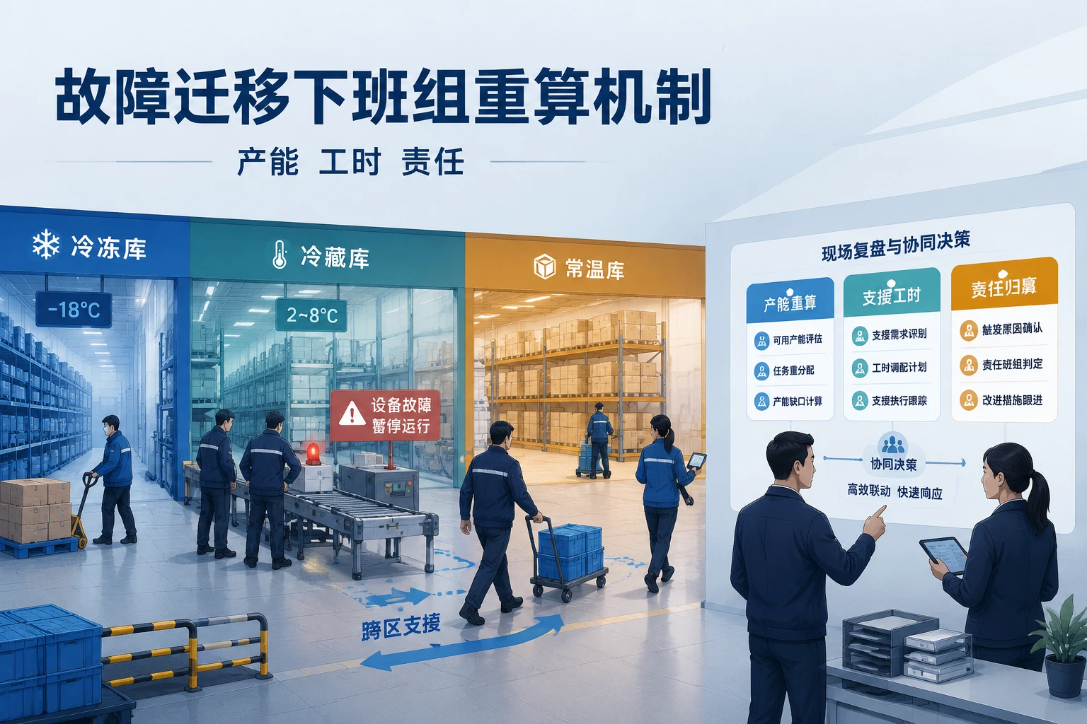 多温层多库区故障迁移下班组产能工时与责任重算机制