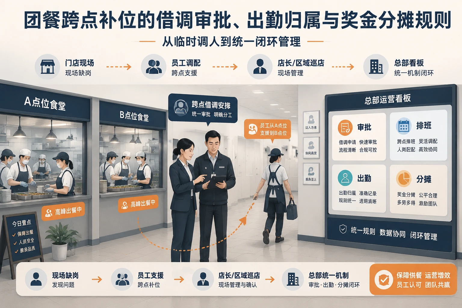 团餐跨点补位的借调审批、出勤归属与奖金分摊规则