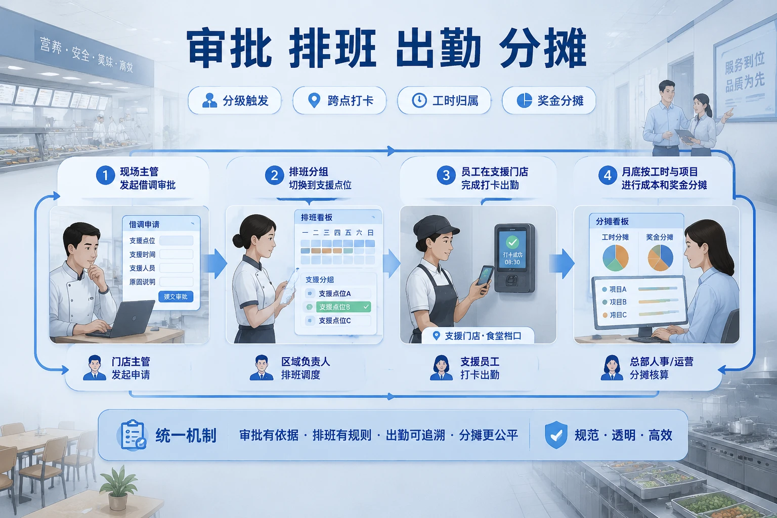 团餐跨点补位的借调审批、出勤归属与奖金分摊规则