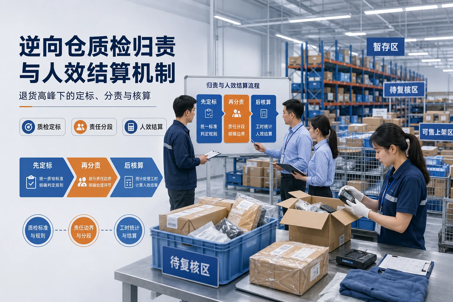 大促退货激增时逆向仓质检归责与人效结算机制