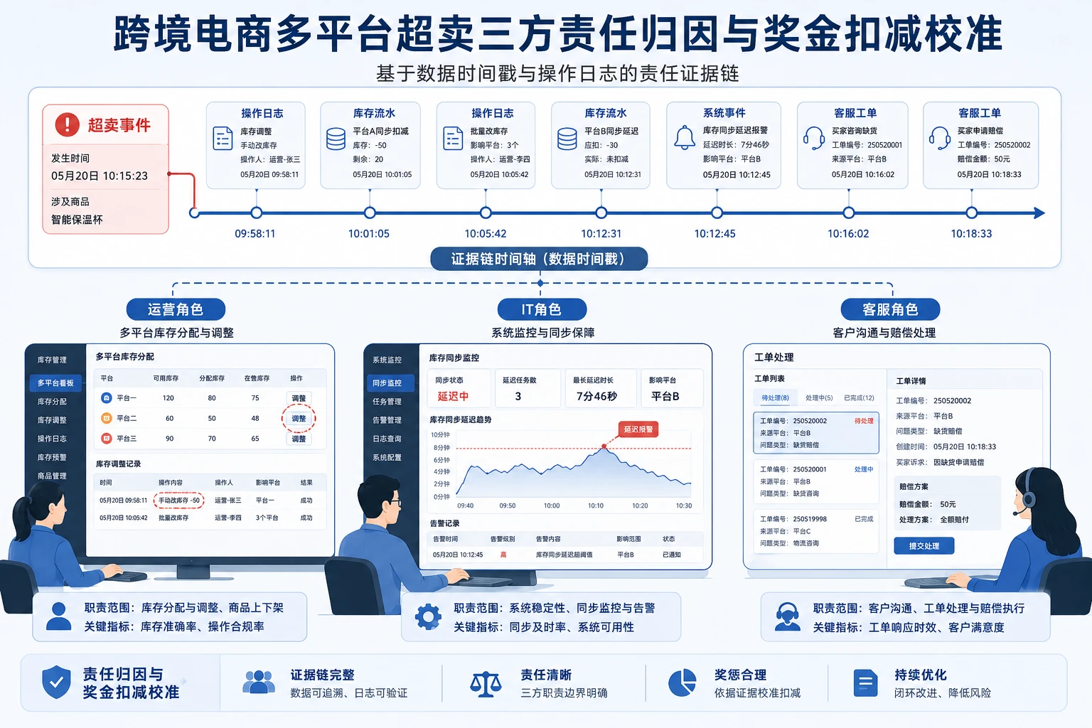 跨境电商多平台超卖三方责任归因与奖金扣减校准