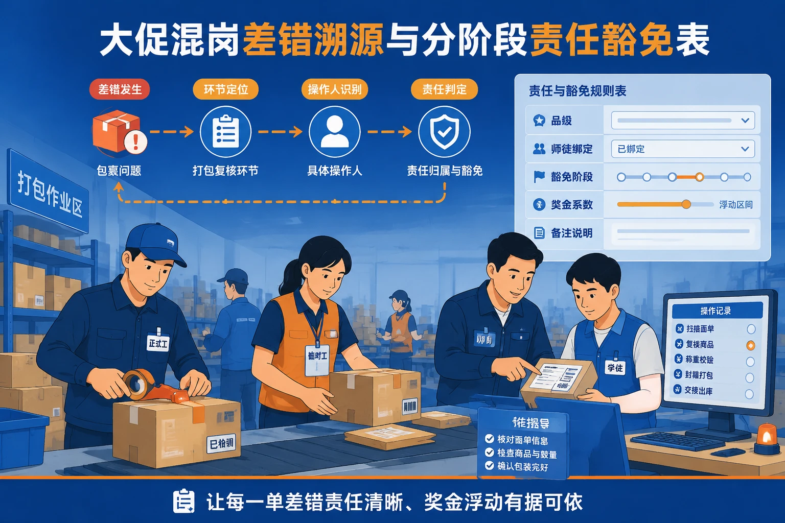 大促混岗打包班组差错溯源与师徒分阶段责任豁免表