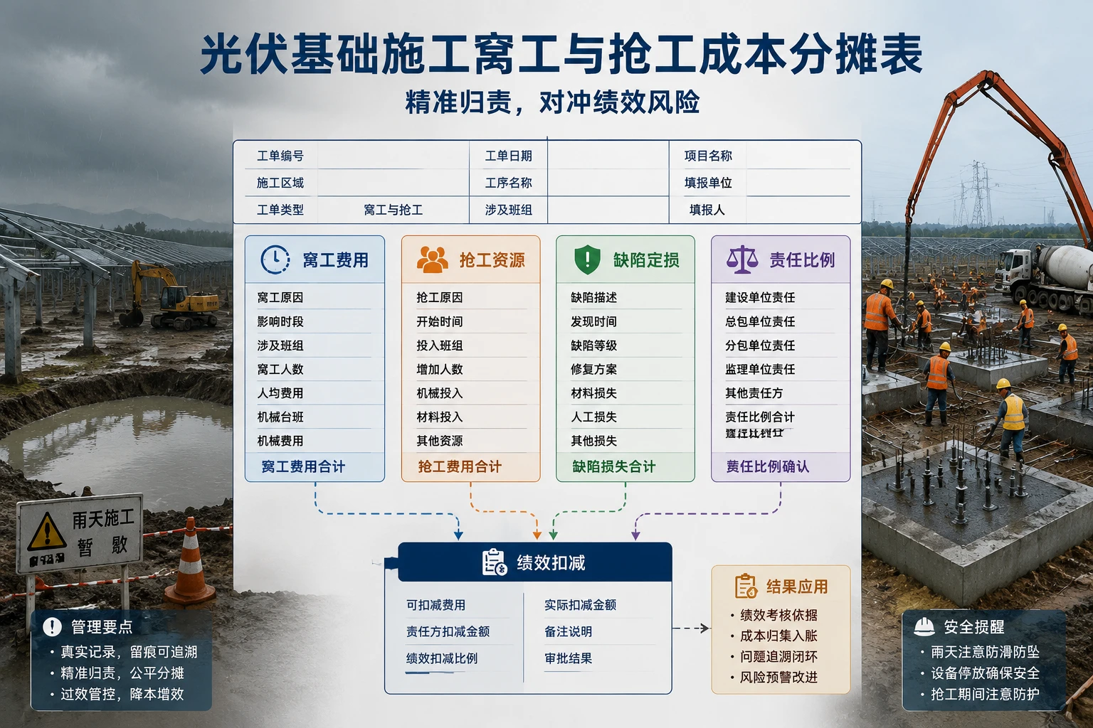 光伏基础施工遇雨窝工与抢工缺陷成本分摊及绩效扣减表(2026年版)