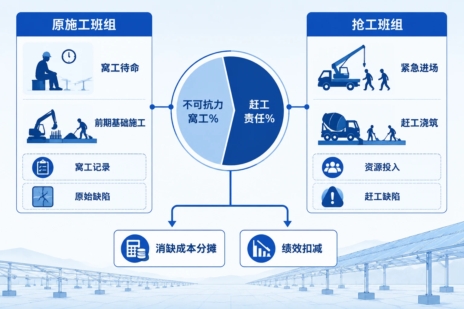光伏基础施工遇雨窝工与抢工缺陷成本分摊及绩效扣减表(2026年版)