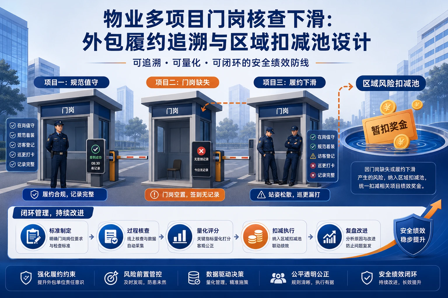 物业多项目门岗核查下滑：外包履约追溯与区域扣减池设计