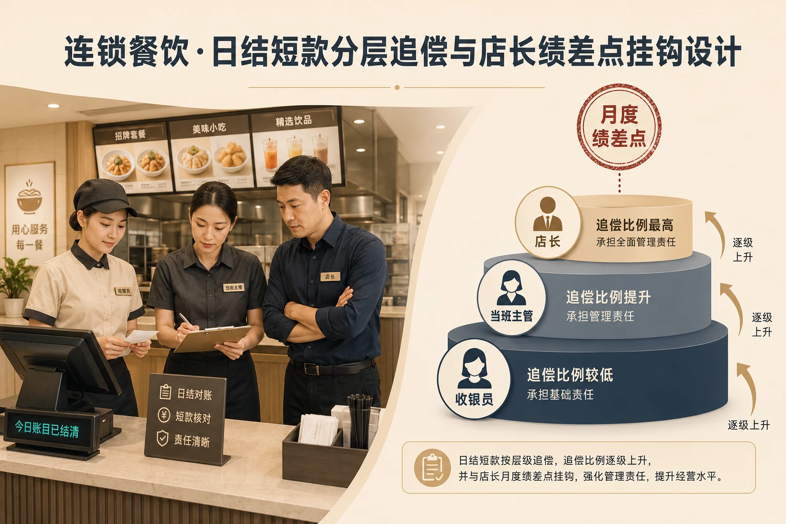连锁餐饮日结短款分层追偿比例与店长绩差点挂钩设计