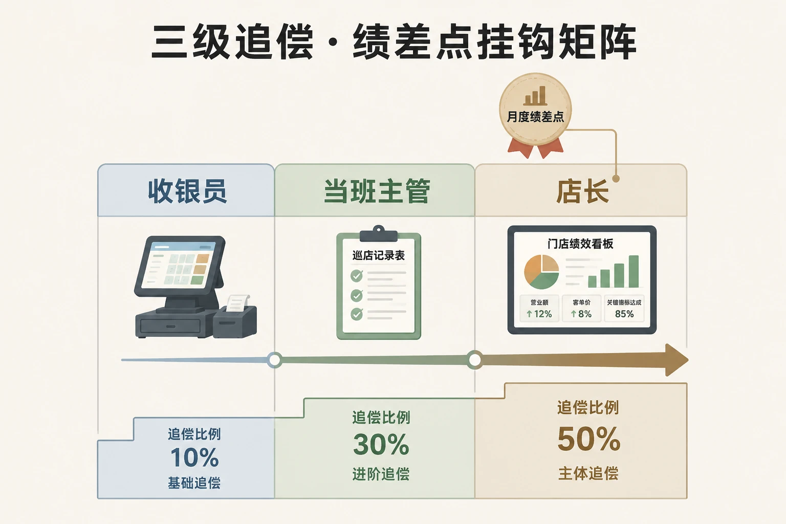 连锁餐饮日结短款分层追偿比例与店长绩差点挂钩设计
