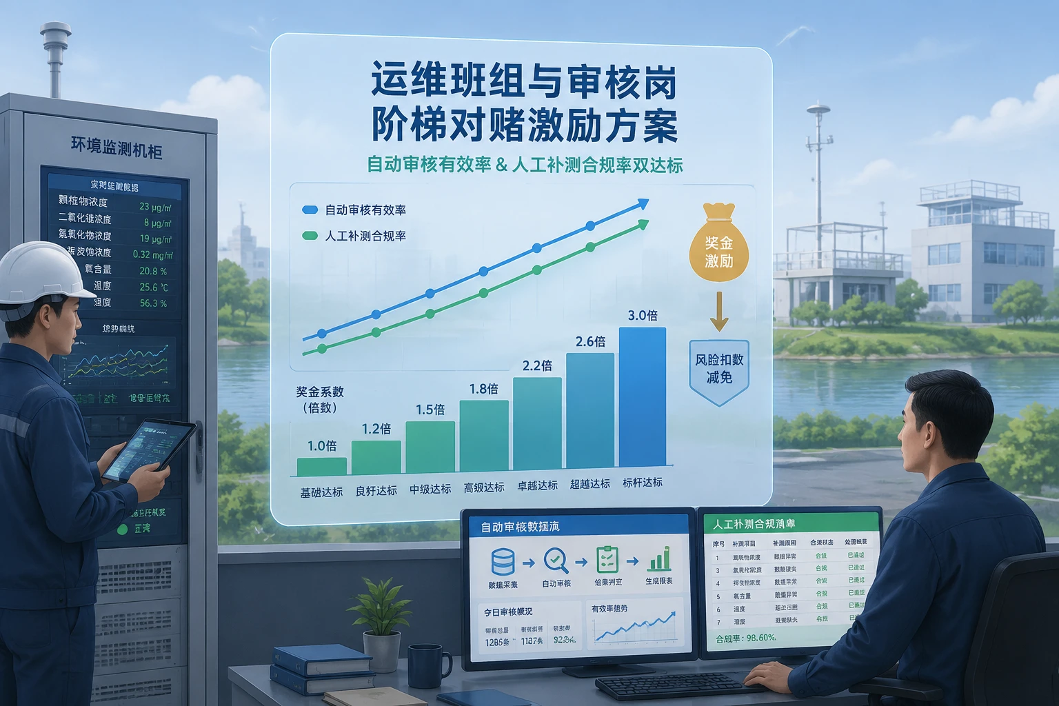 环保监测运维班组与审核岗数据达标阶梯对赌奖金系数设计