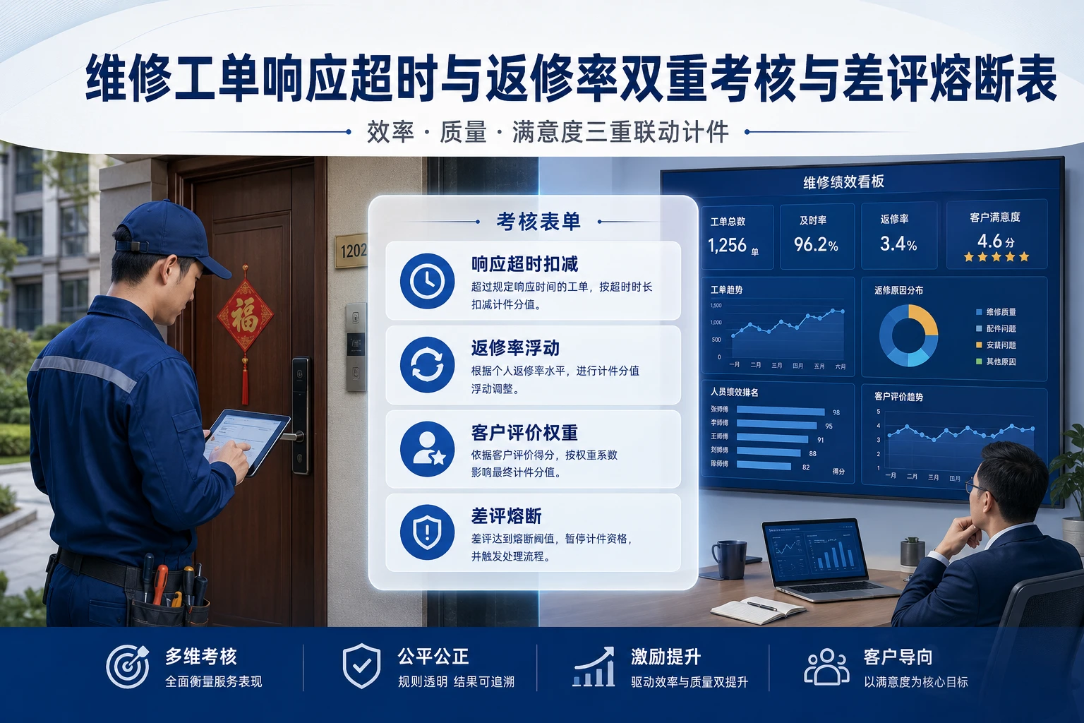 2026年物业维修工单响应超时与返修率双重考核与差评熔断表