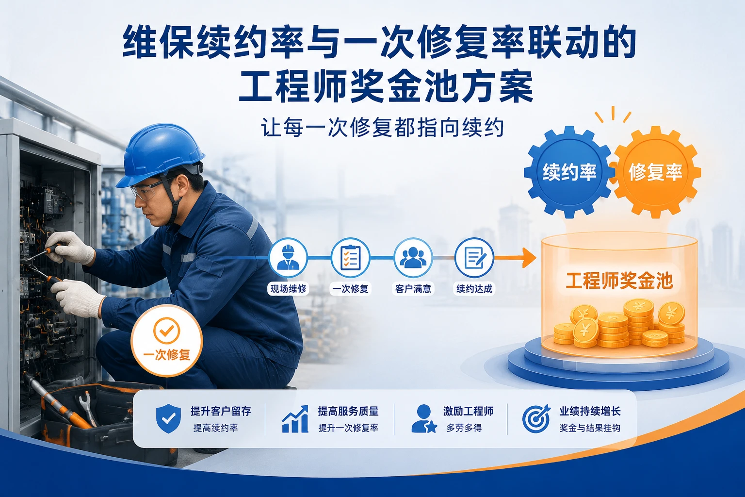 维保续约率与一次修复率联动的工程师奖金池方案