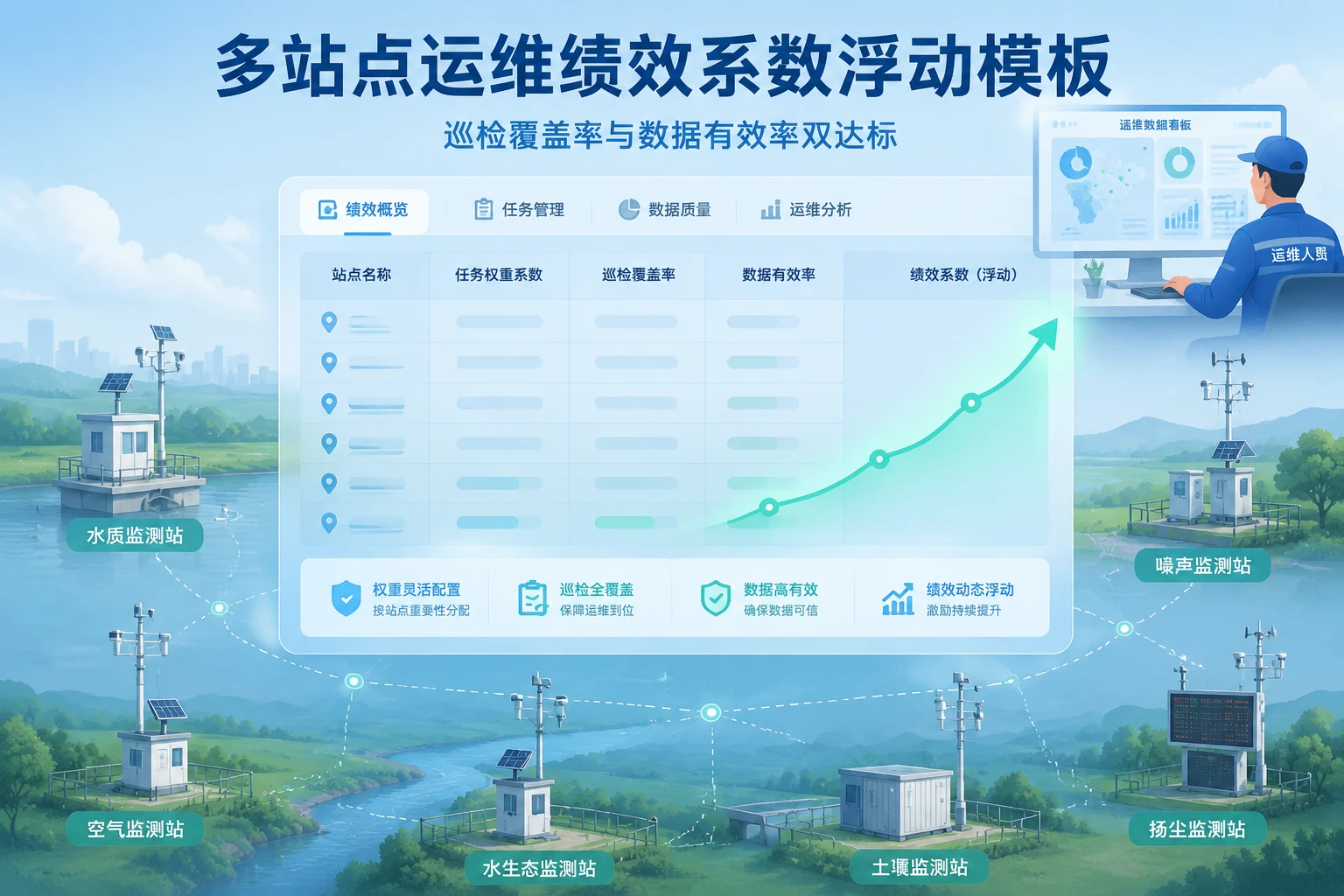 2026年环保监测多站点运维绩效系数浮动模板(基于巡检覆盖率与数据有效率双达标)