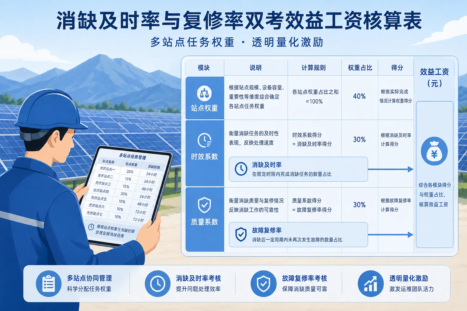 光伏运维班组多站点消缺及时率与复修率双考效益工资核算表（2026年版）