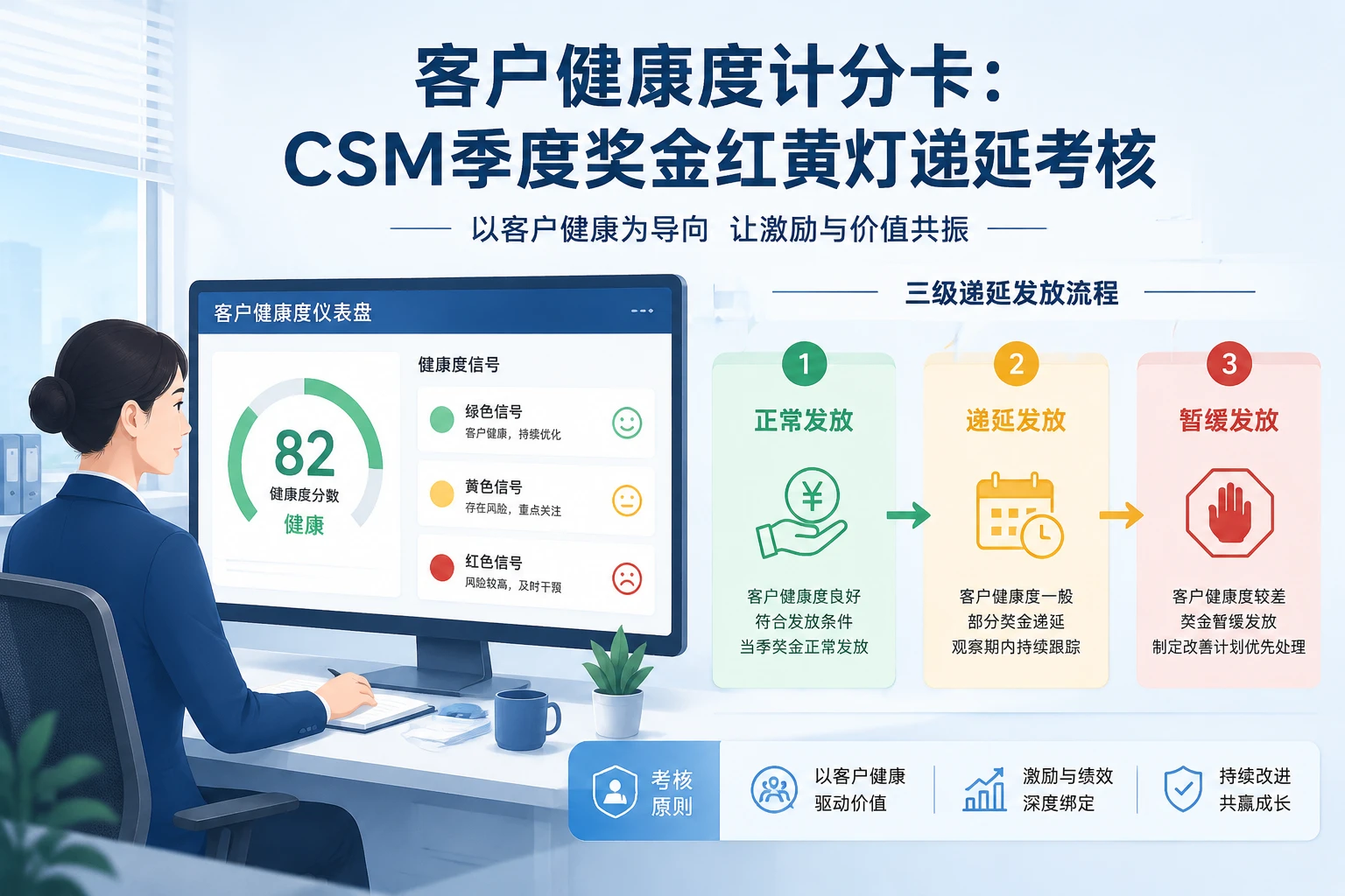 2026年客户健康度计分卡:CSM季度奖金红黄灯递延考核设计