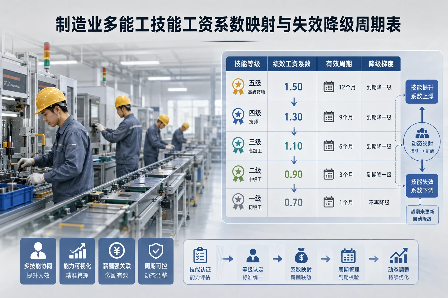 制造业多能工技能工资系数映射与失效降级周期表